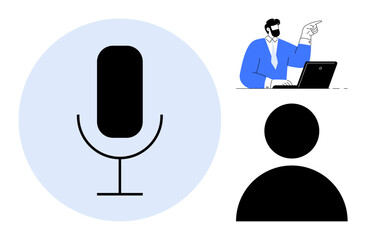 Microphone symbol, professional person at desk, and user silhouette representing interaction through voice, user connection, communication, and instruction. Ideal for technology, AI, teamwork