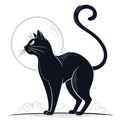 Fototapeta premium Enigmatic Silhouette: A sleek black cat stands in silhouette against a full moon, exuding mystery and grace in an enchanting artistic illustration.