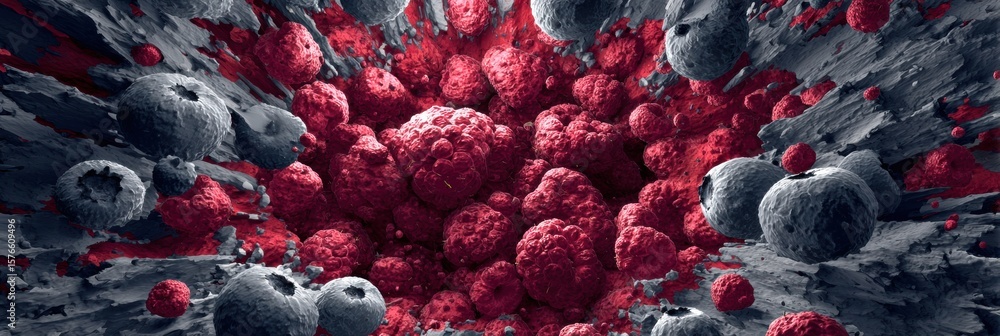Poster exploration of vibrant colors in a dynamic berry explosion with an open center showcasing intricate 