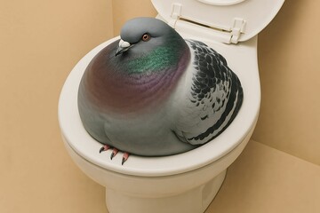 Pigeon sitting comfortably on toilet in a bathroom with simple decor