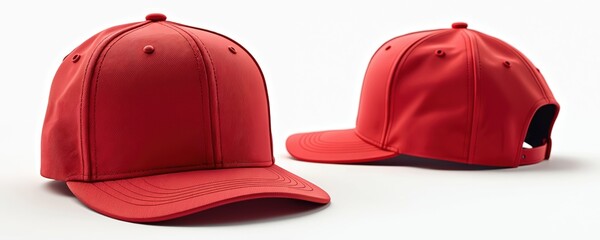 Close-up of isolated red baseball cap with curved brim on gray surface. Vibrant red color stands out against backdrop. Cap brim is prominent, slightly tilted to the right.