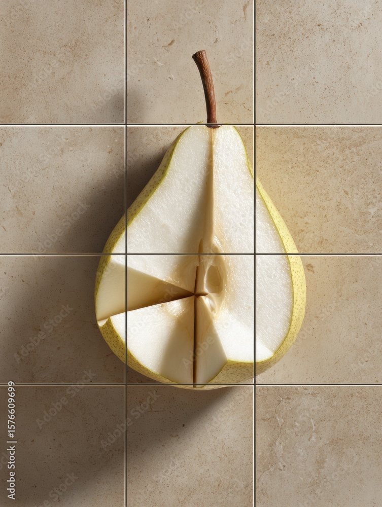 Poster abstract geometric arrangement of pear slice showcased on clean surface with intricate tile-like sec