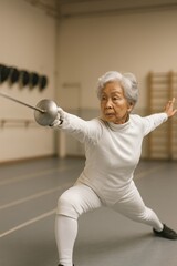 Determined elderly woman practices fencing for sport. She exemplifies healthy, active aging.