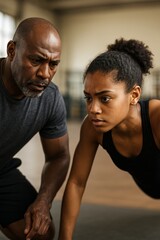 Coach supports his young client during intense fitness training. Both focused on achieving their challenging goals.