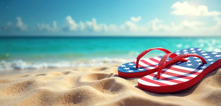 Vibrant beach scene with patriotic flip flops on sandy shore. Blue skies, turquoise ocean waves, and ample copy space create summer holiday atmosphere. Ideal for Labor Day promotions and beach events.