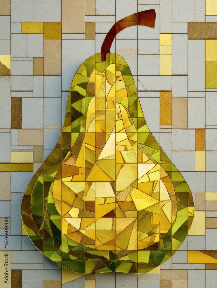 Aufkleber geometric abstract art featuring a pear slice designed with vibrant yellow tiles on a clean backgrou