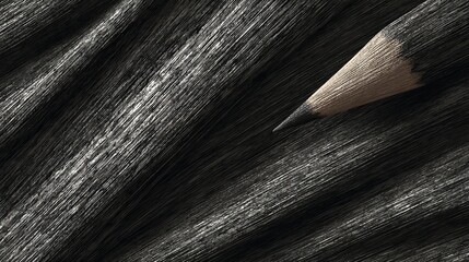 Close-up of a graphite pencil point laying atop a background of dense charcoal marks.
