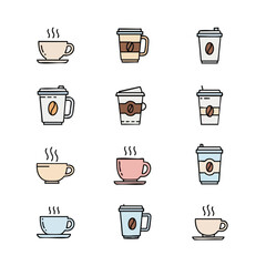 Collection of outlined coffee cup icons. Illustration of hot beverages, including coffee and tea, in various cup styles. Perfect for menus, cafe promotions, or illustrating a coffee break