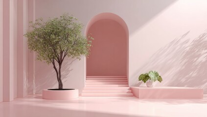 Fototapeta premium Pastel pink interior with archway and tree