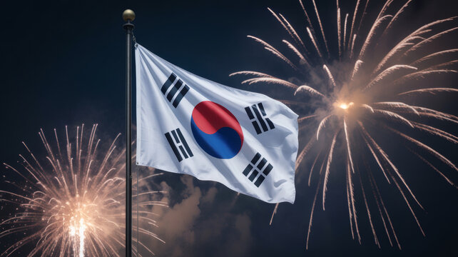 Captivating celebration featuring the South Korean flag waving proudly against a backdrop of vibrant, colorful fireworks illuminating the night sky.