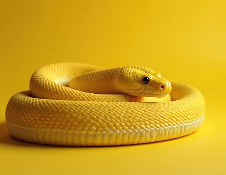 Vibrant yellow snake coiled on solid yellow background. Reptile symbolism for Python programming language. Ample copy space for text and graphics. High detail scales and texture.
