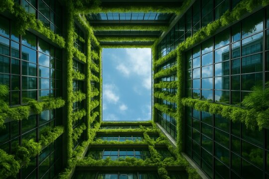 Upward view from center of modern eco-friendly courtyard with vertical gardens on high-rise glass facades. Symmetrical green architecture surrounds an open blue sky framed by contemporary structure - Powered by Adobe