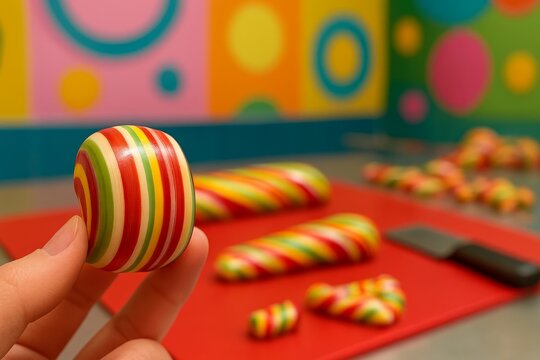 Hand holds vibrant, colorful hard candy with stripes. Background shows candy making process and bright patterns.