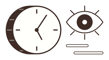 Clock and eye with lines symbolize time tracking, focus, productivity, and efficiency. Ideal for organization, mindfulness, work-life balance, deadlines scheduling and attention. Simple flat