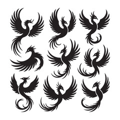 Fototapeta premium Collection of nine stylized black phoenix silhouettes in various dynamic poses against a clean white background representing rebirth and resilience