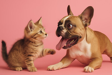 Obraz premium Playful Cat and Dog Pets - Kitten and Puppy Playing Together on Pink Background