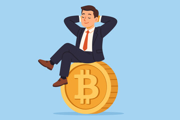 Bitcoin hodl concept. Calm businessman crypto investor sitting relaxed on a giant bitcoin coin. Long term cryptocurrency investment success, financial freedom and wealth.