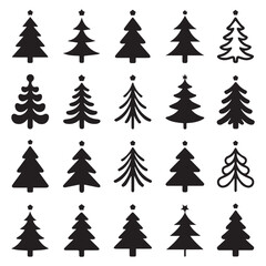 Obraz premium Collection of diverse black silhouette christmas trees with various styles and shapes including traditional stylized and decorative designs on a white background