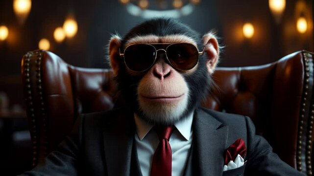 A Sophisticated Chimpanzee in a Business Suit and Sunglasses Sitting on a Leather Chair