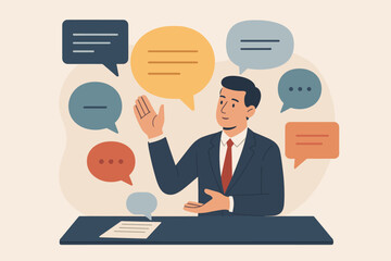 Communication management and PR concept. Public relations manager or spokesperson handling public comments, social criticism, and feedback during a discussion or meeting.