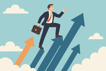 Businessman moving forward on growing arrows. Business success and career growth concept. Metaphor for ambition, leadership, motivation, improvement, progress, and achievement.