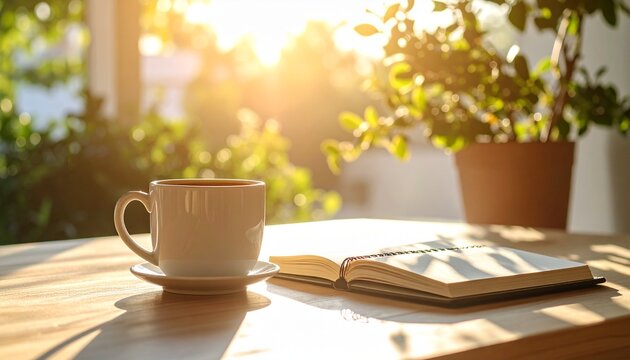 Cup of coffee and open book with sun flare and cozy natural ambiance - Powered by Adobe