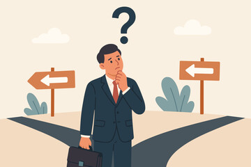 Businessman at crossroads making a career choice. Concept of doubt, confusion, and uncertainty. Business decision, problem-solving, and finding the right direction.