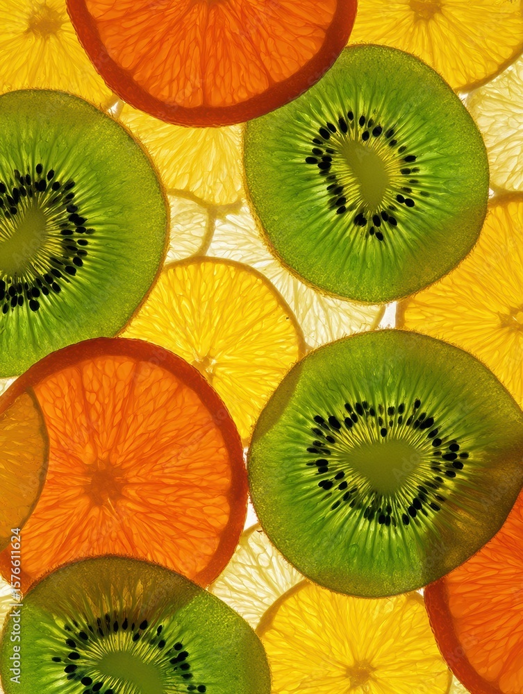 Poster abstract pattern featuring sliced kiwis and oranges with vibrant colors and negative space that enha