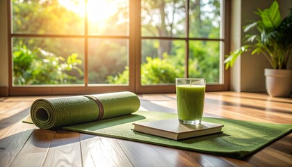 Fototapeta premium Yoga mat and green smoothie on wooden floor by sunny window in calm home setting