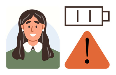 Portrait of a smiling woman alongside a low battery icon and warning triangle. Ideal for burnout, fatigue, energy, stress management, work-life balance, mental health, or exhaustion awareness. A
