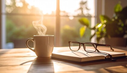 White ceramic mug with rising steam beside reading glasses on sunlit windowsill desk