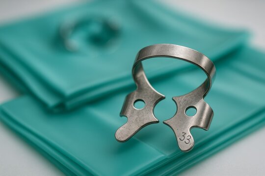 Dental clamp on rubber dam for isolation. Essential tools for quality dentistry.