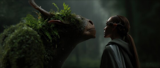 Elf ranger and forest guardian in enchanted woodland encounter
