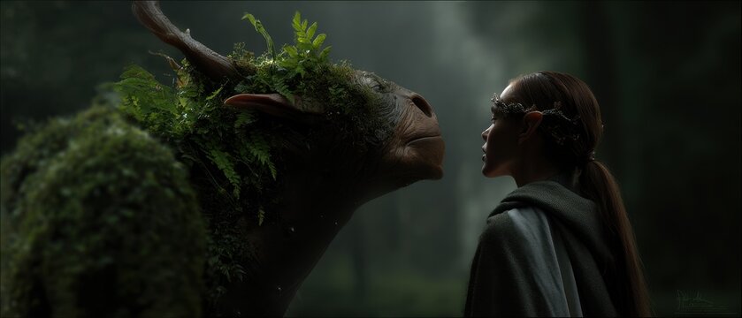 Elf ranger and forest guardian in enchanted woodland encounter - Powered by Adobe