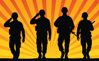 Soldiers silhouette saluting at sunrise with sunburst background vector illustration
