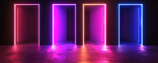 Step into a virtual reality environment featuring neon light and rectangular portals, rendered in 3D for an ultraviolet spectrum backdrop.