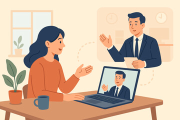 Remote work team meeting, online business communication, virtual video conference connecting home and office, professional collaboration, businessman and woman discussion concept