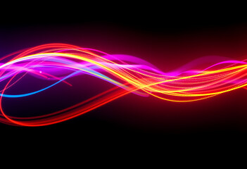 Vibrant colorful optic fiber cables form neon waves. Abstract 3d AI design with glowing colored streams. Represents information optical connection, modern web data tech