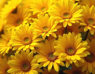 Fototapeta premium Bright yellow flowers fill frame. Petals radiate from detailed centers. Close-up macro view of blooming flora, vibrant colors suggest spring summer. Natural garden beauty with subtle green elements.