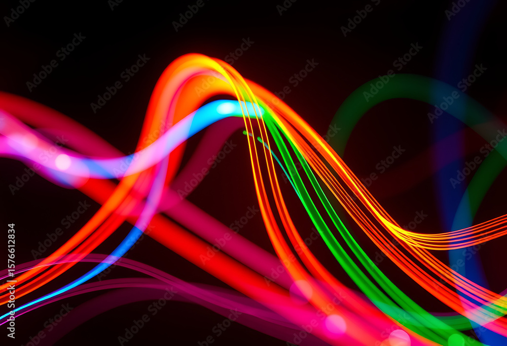 Poster vibrant colorful optic fiber cables form neon waves. abstract 3d ai design with glowing colored stre