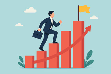 Business growth success concept. Businessman climbing bar chart steps with briefcase. Career path progress, goal achievement, improvement, development, leadership, ambition journey