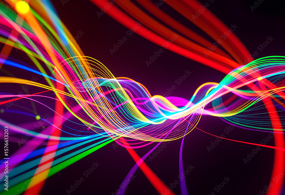 Poster vibrant colorful optic fiber cables form neon waves. abstract 3d ai design with glowing colored stre
