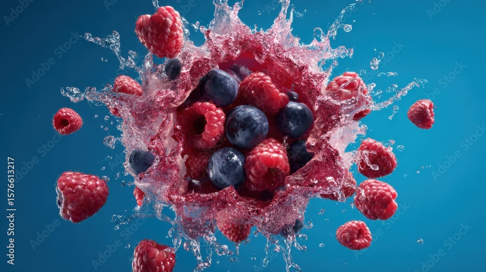 Poster vibrant berry explosion in a dynamic splash of color and texture showcasing freshness and energy