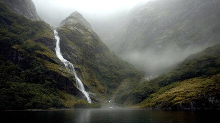 Misty mountain valley with waterfalls