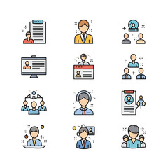 Set of colorful vector icons representing human resources, employment, and business concepts. This illustration features various illustrations: employee, resume, presentation, group, interview