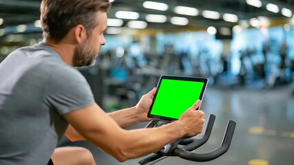 Man using digital tablet with green screen exercise bike modern gym, focusing fitness and technology integration for healthy lifestyle motivation and workout tracking, supporting healthy lifestyle - Powered by Adobe