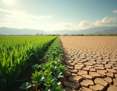 Striking contrast between rich green agriculture, cracked dry earth. Powerful visual of environmental imbalance, climate change impact, farming challenges. Image speaks to sustainability efforts,