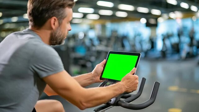 Man using digital tablet with green screen exercise bike modern gym, focusing fitness and technology integration for healthy lifestyle motivation and workout tracking, supporting healthy lifestyle