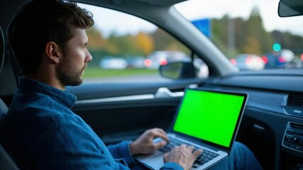 Man using laptop with green screen inside car, focused expression, autumn trees outside, remote work technology lifestyle, modern vehicle interior, blurred city traffic, evening remote work concept - Powered by Adobe
