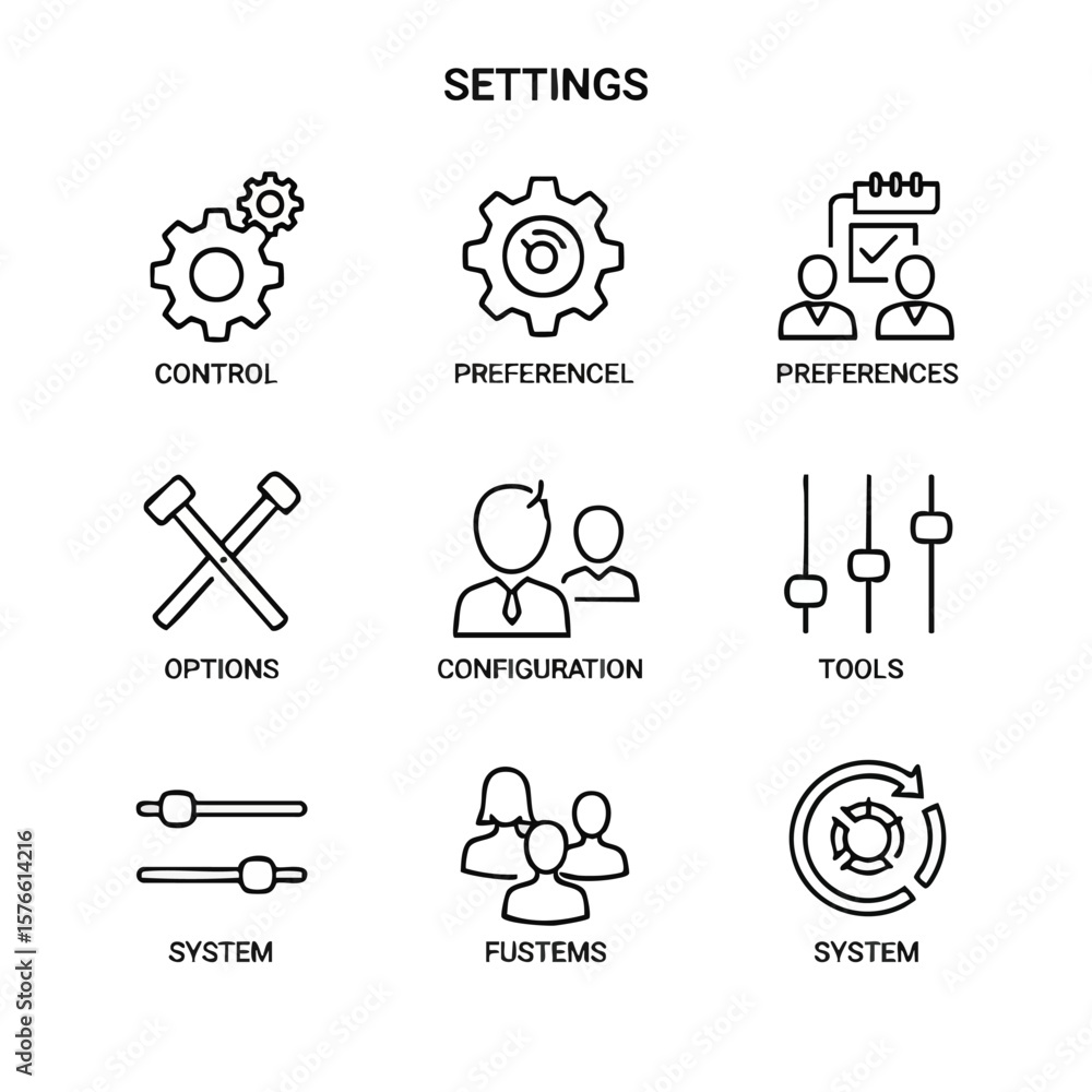 Fototapete Settings icon set in modern line style. The icons represent control, preferences, options, configuration, tools, system, and custom settings. Great for user interface design and software development